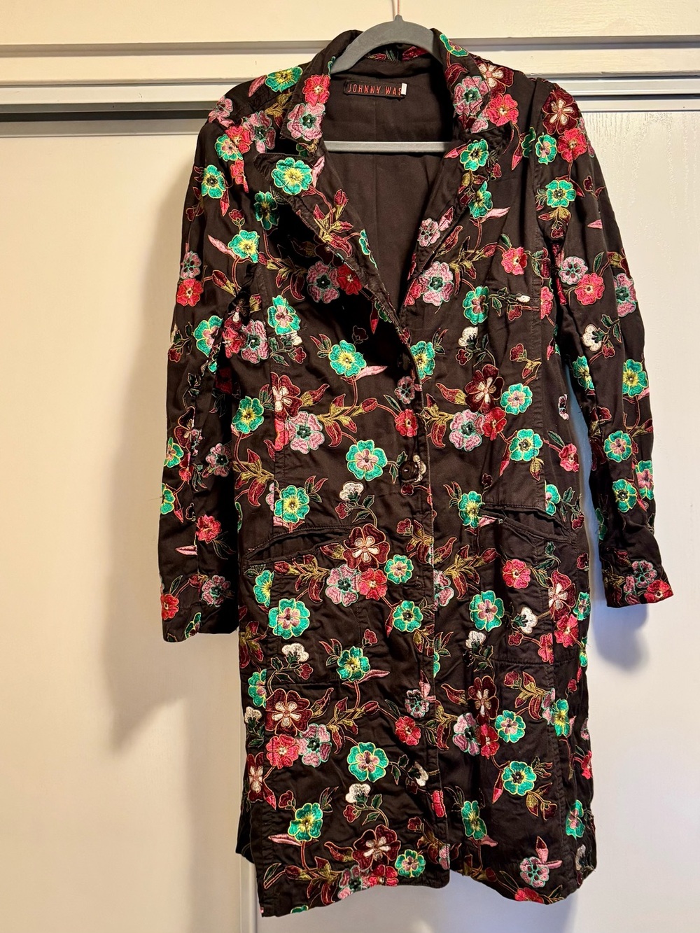 Johnny Was brown jacket with pink and green floral trim
Beautifully Embroidered